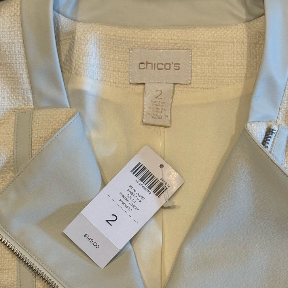 NWT CHICO’S Moto Jacket Size 2 (US 12) MSRP $149 Winter Wheat Cream with Pockets - Picture 2 of 16